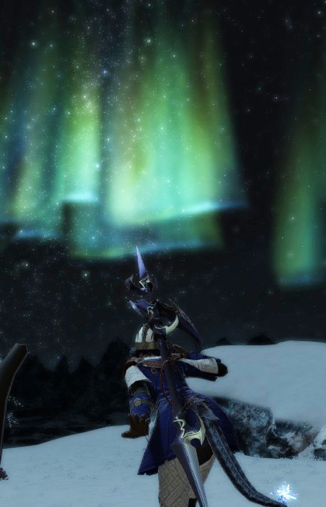 Dalii looking out at an aurora in the starry sky over the snowy ledges of Western Coerthas