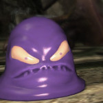 A tiny, angry-looking purple flan creature